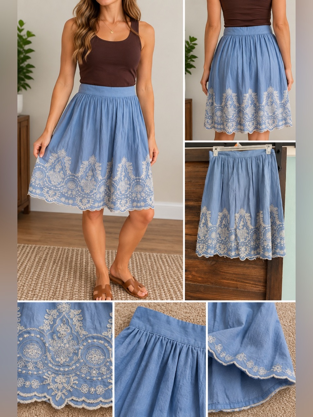 Potter's Pot Blue A-Line Embroidered Knee Skirt